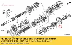 Ici, vous pouvez commander le engrenage, arbre intermédiaire en premier auprès de Honda , avec le numéro de pièce 23421MCA000: