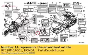 honda 87520MCAG61 label, laadlimiet (9.0kg) - Onderkant