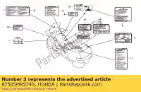 87505MR5740, Honda, étiquette, pneu honda pc pacific coast  pc800 800 , Nouveau