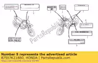 87507KZ1880, Honda, etiqueta, corrente de transmissão (francês honda xr  r xr400r 400 , Novo