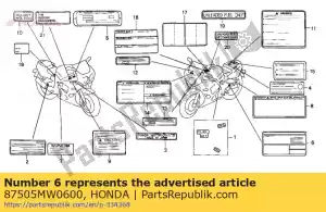 Honda 87505MW0600 etiqueta, pneu - Lado inferior
