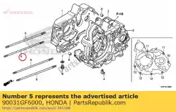 Aqui você pode pedir o parafuso a, pino do cilindro, 6x em Honda , com o número da peça 90031GF6000: