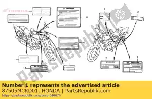 honda 87505MCRD01 étiquette, pneu - La partie au fond