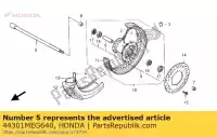 44301MEG640, Honda, Asse, fr. ruota honda vt shadow ca c spirit c2 vt750c vt750ca 750 , Nuovo