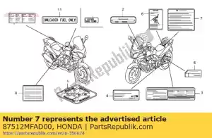 Honda 87512MFAD00 étiquette, accessoires et chargement - La partie au fond