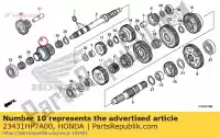 23431HP7A00, Honda, engrenage, arbre principal deuxième et quatrième (19t / 28t) honda  trx 420 2010 2011 2012 2013 2017 2018 2019 2020, Nouveau