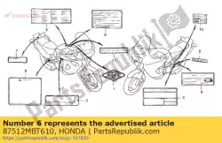 Aqui você pode pedir o etiqueta, acessórios e carregamento em Honda , com o número da peça 87512MBT610: