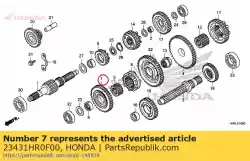 Ici, vous pouvez commander le engrenage, deuxième arbre intermédiaire (43t) auprès de Honda , avec le numéro de pièce 23431HR0F00: