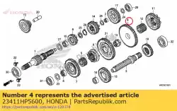 Ici, vous pouvez commander le engrenage, arbre intermédiaire bas (54t) auprès de Honda , avec le numéro de pièce 23411HP5600: