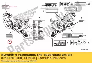 honda 87541MFL000 etiqueta, capacidad de aceite - Lado inferior