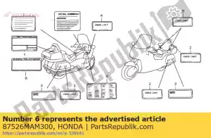 Honda 87526MAM300 label, sleutelpositie - Onderkant