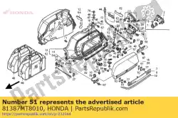Aqui você pode pedir o borracha, l. Lacre do alforje (d) em Honda , com o número da peça 81387MT8010: