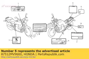 honda 87512MV9600 etiqueta, acessórios e cuidado com o carregamento - Lado inferior