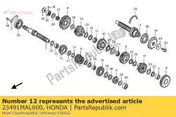 Here you can order the gear, mainshaft fifth(20t) from Honda, with part number 23491MAL600: