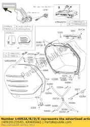 Aqui você pode pedir o capa, bolsa lateral, direita, m. S. Bl zg140 em Kawasaki , com o número da peça 14092012354D: