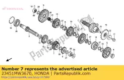 Here you can order the gear, mainshaft third & fourth (22t/25t) from Honda, with part number 23451MW3670: