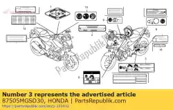 Ici, vous pouvez commander le étiquette, pneu (anglais) auprès de Honda , avec le numéro de pièce 87505MGSD30: