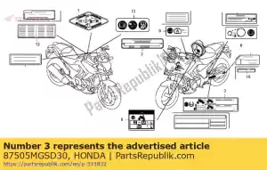 honda 87505MGSD30 étiquette, pneu (anglais) - La partie au fond