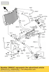 Here you can order the hose-cooling,pipe-w. Pump from Kawasaki, with part number 390620103: