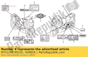 honda 87512MCWD20 label, accessories & loading - Bottom side