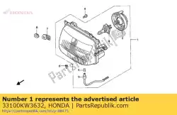 Here you can order the headlight assy. (12v 60/55w) from Honda, with part number 33100KW3632: