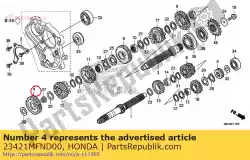 Ici, vous pouvez commander le engrenage, arbre intermédiaire en premier (33t) auprès de Honda , avec le numéro de pièce 23421MFND00: