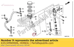 Aquí puede pedir abrazadera, manguera de aceite del cilindro maestro de Honda , con el número de pieza 43514MN9006:
