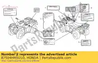 87504HM5U10, Honda, etiqueta, aviso geral (francês) honda trx 250 350 400 450 500 650 680 2004 2005 2006 2007, Novo