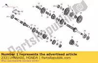 23211HN6A00, Honda, mainshaft, transmission (15t/13t) honda trx 250 2003 2004 2005 2006 2007 2008 2010 2011, New
