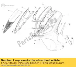 Aqui você pode pedir o escudo frontal em Piaggio Group , com o número da peça 67307200XR: