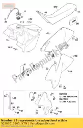 Ici, vous pouvez commander le réservoir de carburant cpl. 9,5 litre 98 auprès de KTM , avec le numéro de pièce 50307013100: