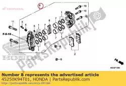 Ici, vous pouvez commander le sous-ensemble étrier, r. Fr. (nissine) auprès de Honda , avec le numéro de pièce 45250K94T01: