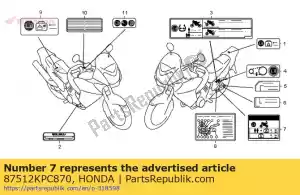 Honda 87512KPC870 étiquette, accessoire l - La partie au fond