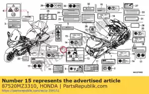 Honda 87520MZ3310 label, vrachtlimiet (9.0kg - Onderkant