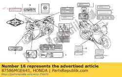 label, brandstof & aandrijving van Honda, met onderdeel nummer 87586MGE641, bestel je hier online: