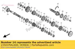Ici, vous pouvez commander le engrenage, arbre intermédiaire cinquième (24t) auprès de Honda , avec le numéro de pièce 23501MAL600: