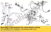 53130HB3770, Honda, holder, handle under honda fjs silver wing d cn helix spazio  a cn250 1 trx350fe fourtrax rancher 4x4 es trx400fw foreman trx450es trx250ex sporttrax trx500fa sportrax trx450fe trx650fa rincon trx400fa at fjs600a fjs600d trx680fa foretrax rubicon rubican trx250x trx420fa trx4, New