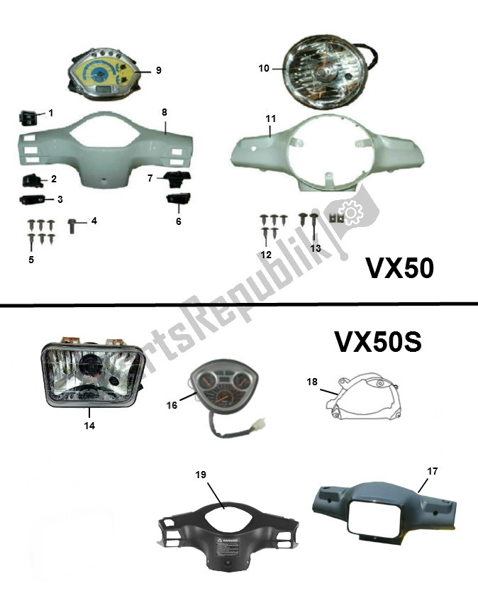 All parts for the Headlight of the AGM Classic LX S VX 50 2000 - 2010