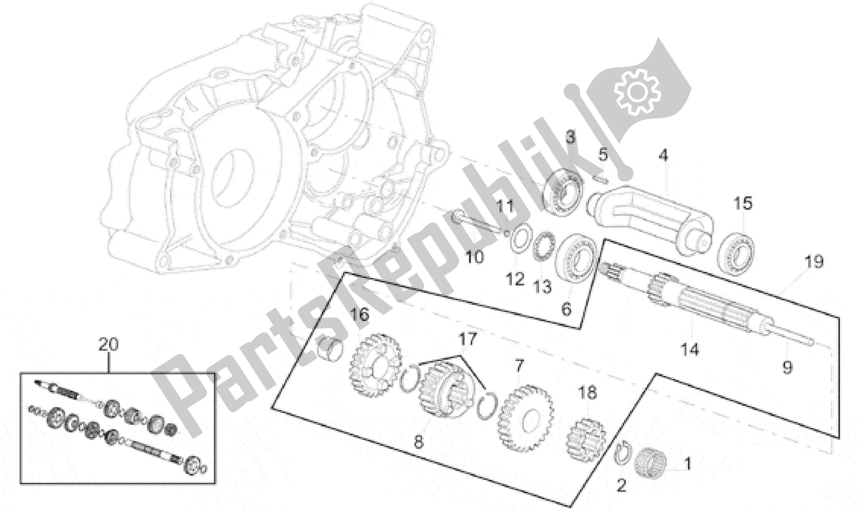 All parts for the Primary Gear Shaft 5 Speed of the Aprilia Minarelli 50 1991 - 1999