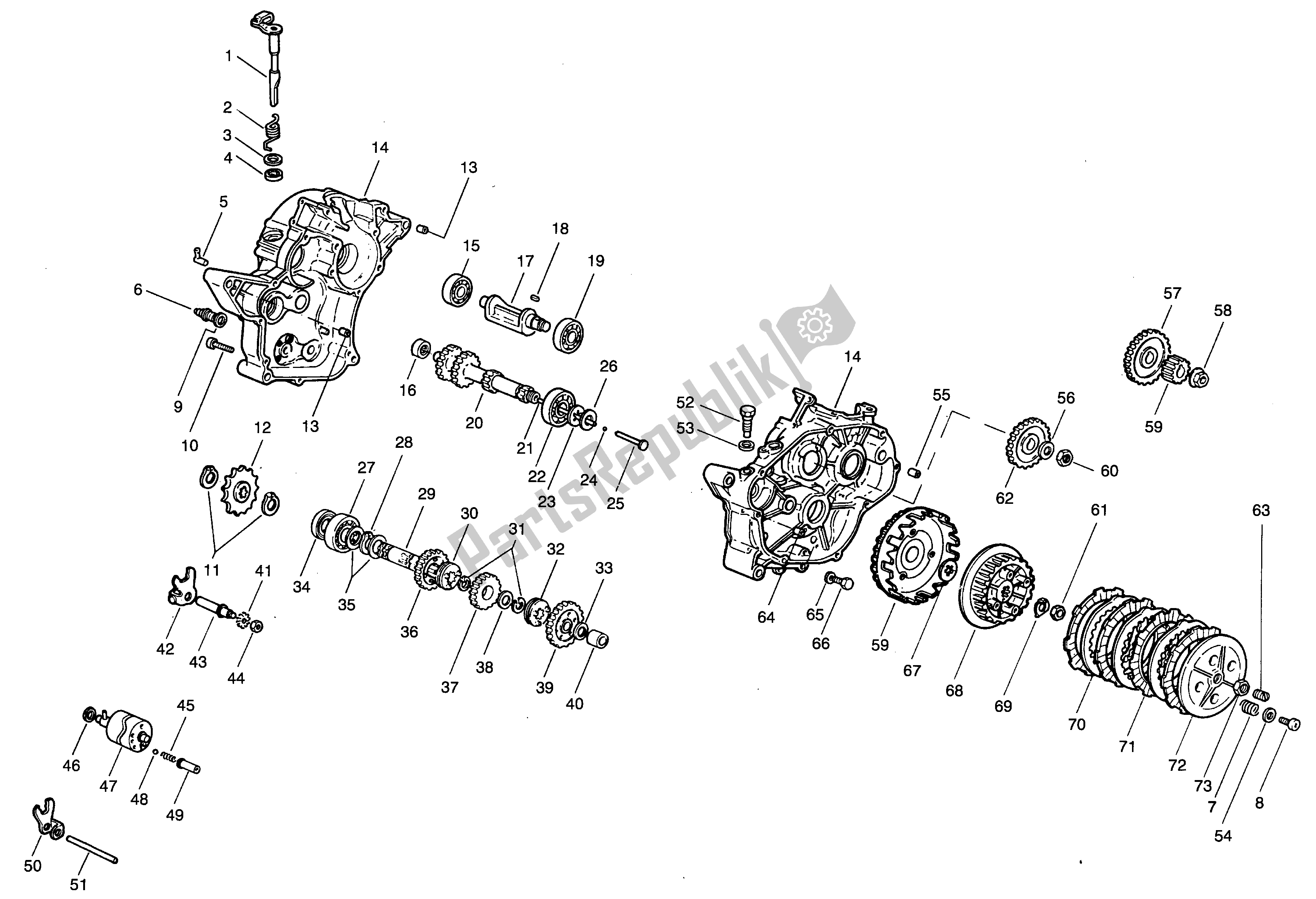 Todas as partes de Cárter - Embreagem - Transmissão do Aprilia Minarelli 50 1991 - 1999