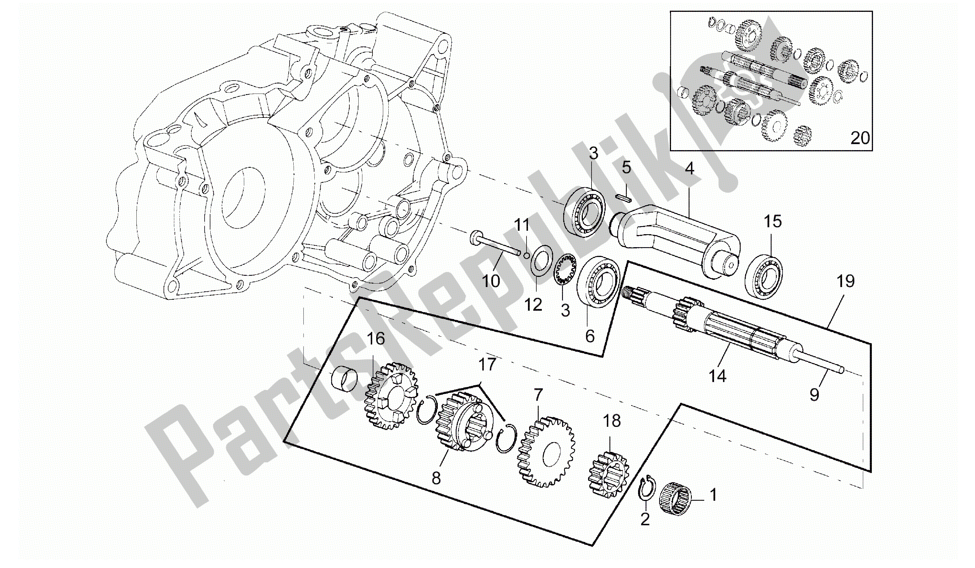 All parts for the Primary Gear Shaft 5 Speed of the Aprilia Minarelli 50 1990 - 1999