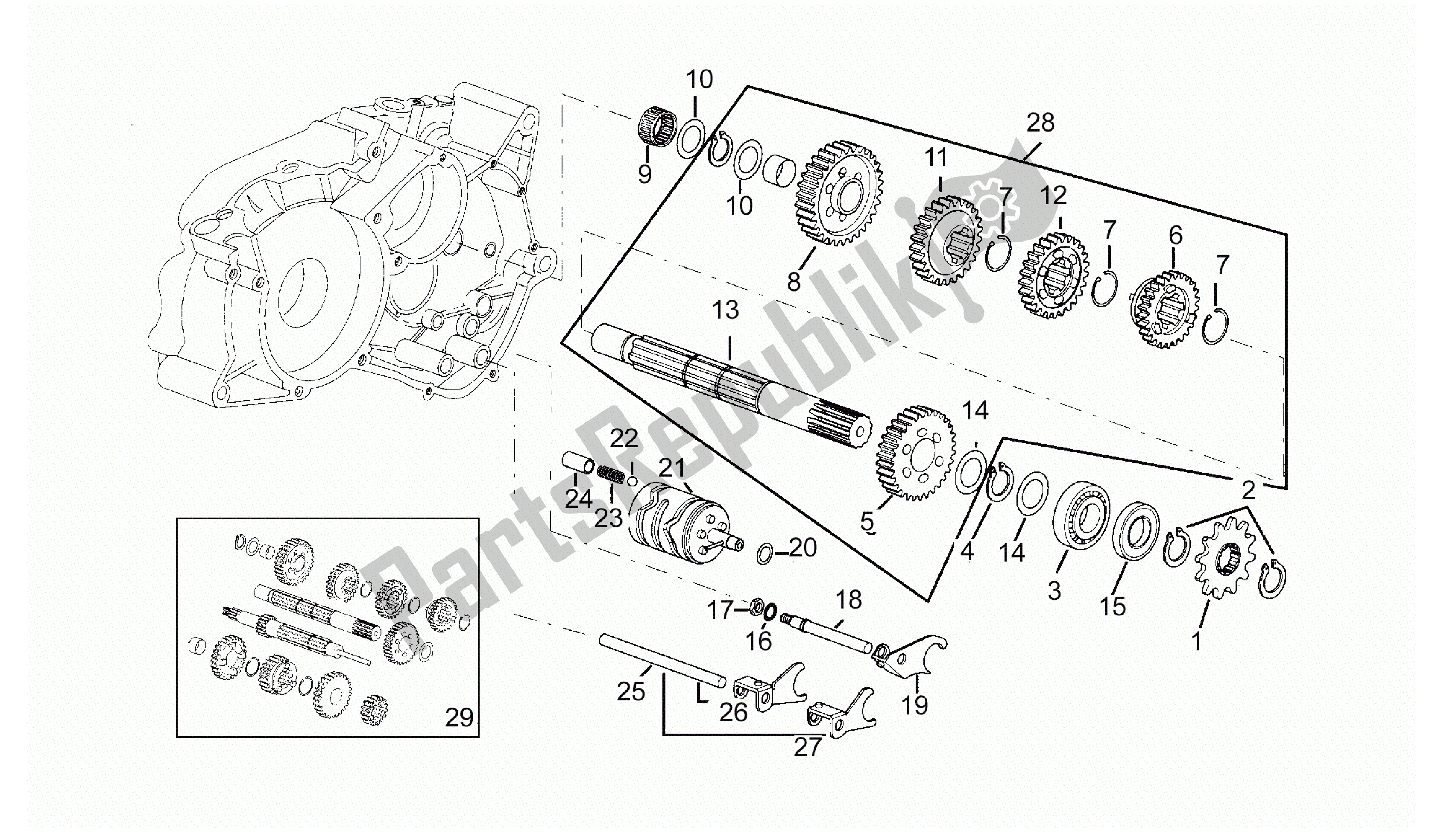 All parts for the Driven Shaft 5 Speed Gearbox of the Aprilia Minarelli 50 1990 - 1999