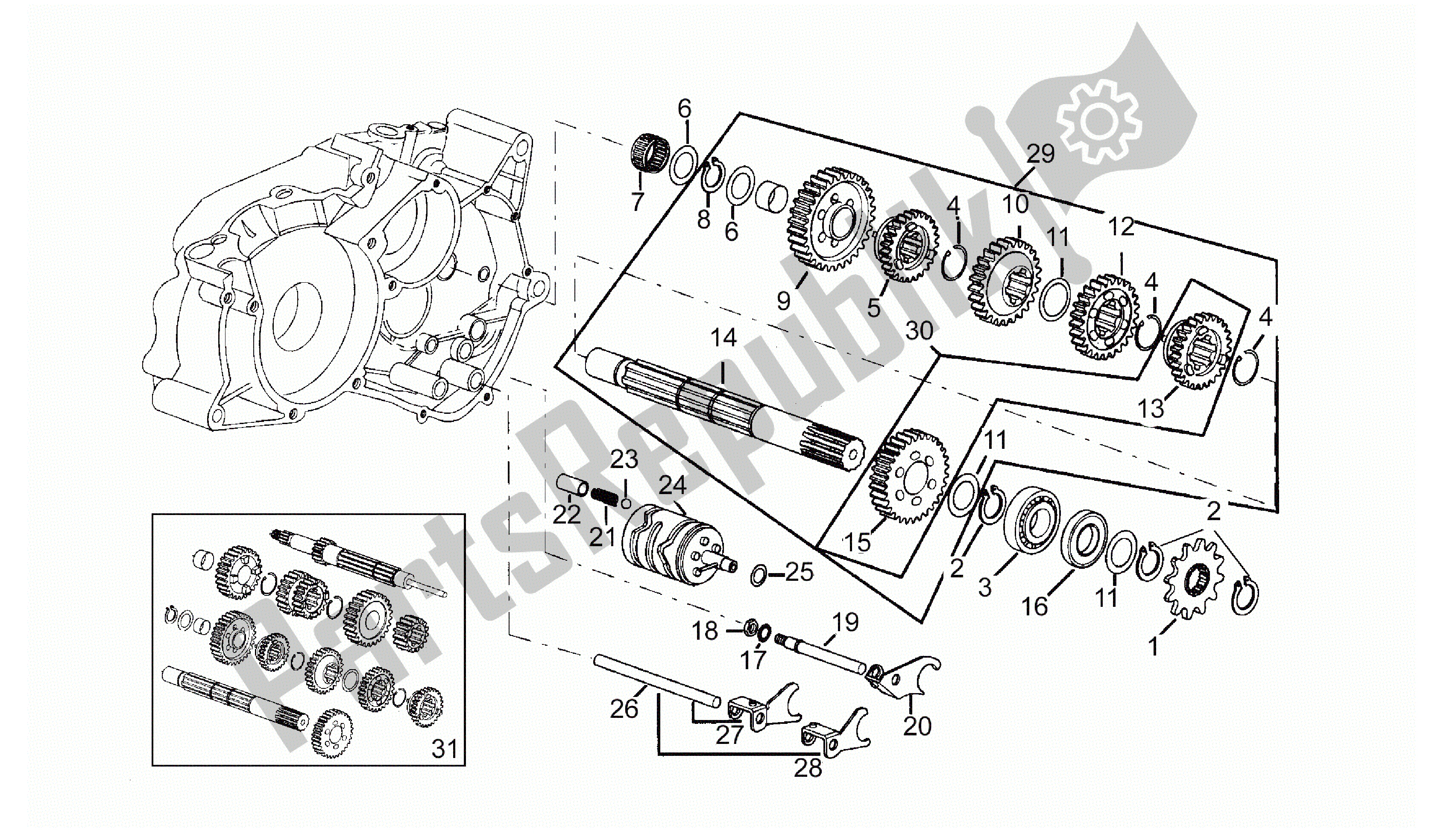 All parts for the Driven Shaft - 6 Gears of the Aprilia Minarelli 50 1990 - 1999