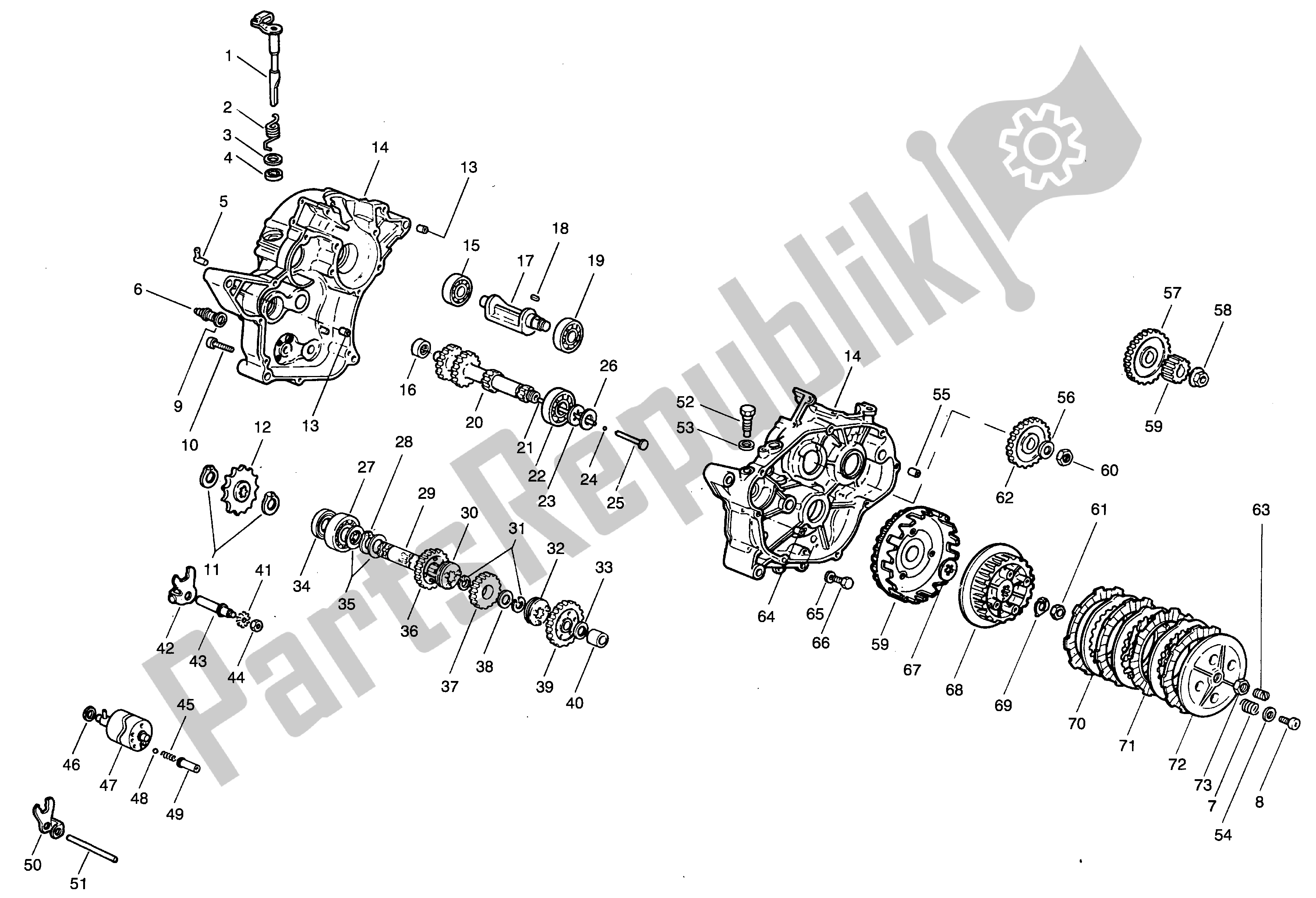 All parts for the Crankcase - Clutch - Trasmission of the Aprilia Minarelli 50 1990 - 1999