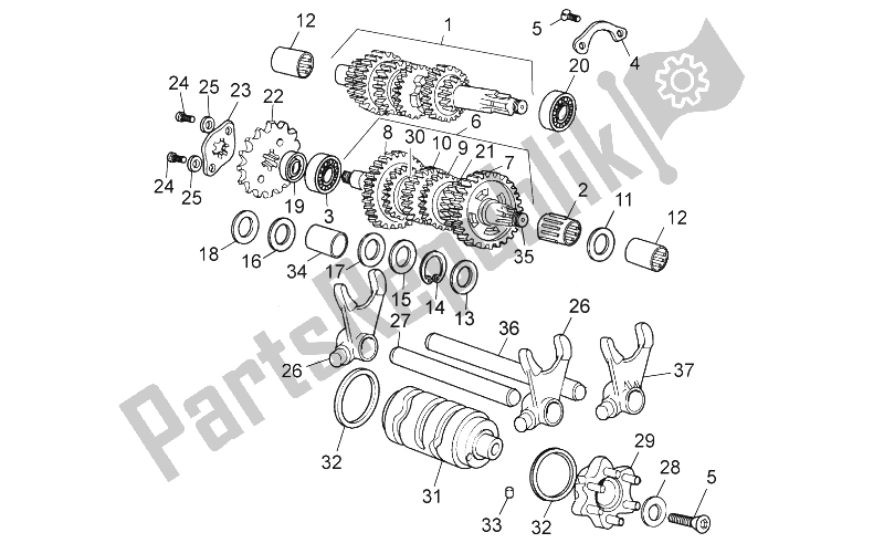 All parts for the Gear Box of the Aprilia SX 50 Limited Edition 2014