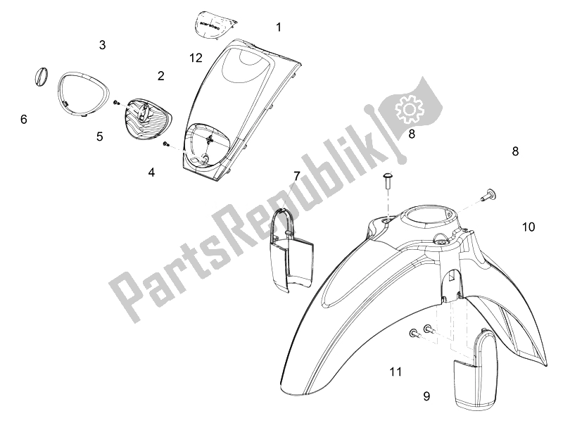 Alle Teile für das Vorderkörper Ii des Aprilia Scarabeo 100 4T E3 2014