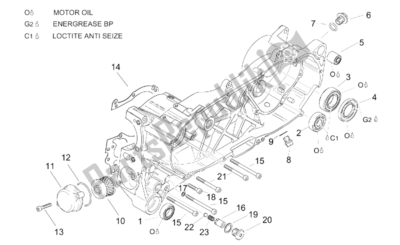 All parts for the Central Semi-crankcase of the Aprilia Leonardo 125 150 ST 2001