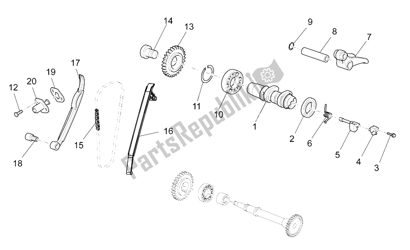 All parts for the Rear Cylinder Timing System of the Aprilia RXV 450 550 Street Legal 2009