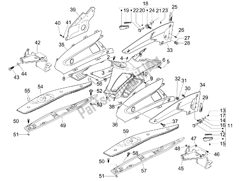 All parts for the Central Cover - Footrests of the Aprilia SR 300 MAX 2011