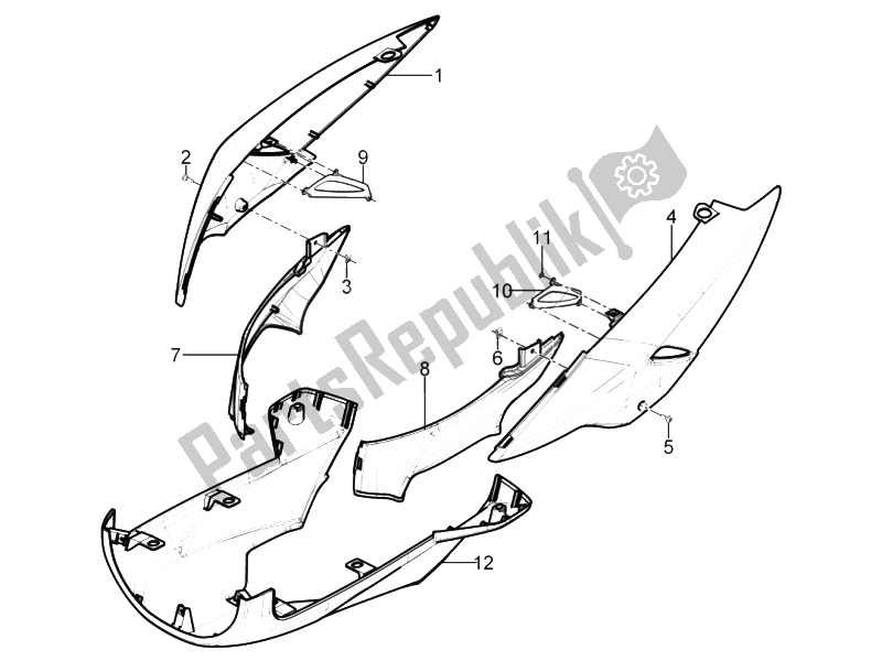 Tutte le parti per il Coperchio Laterale - Spoiler del Aprilia SR Motard 125 4T E3 2012